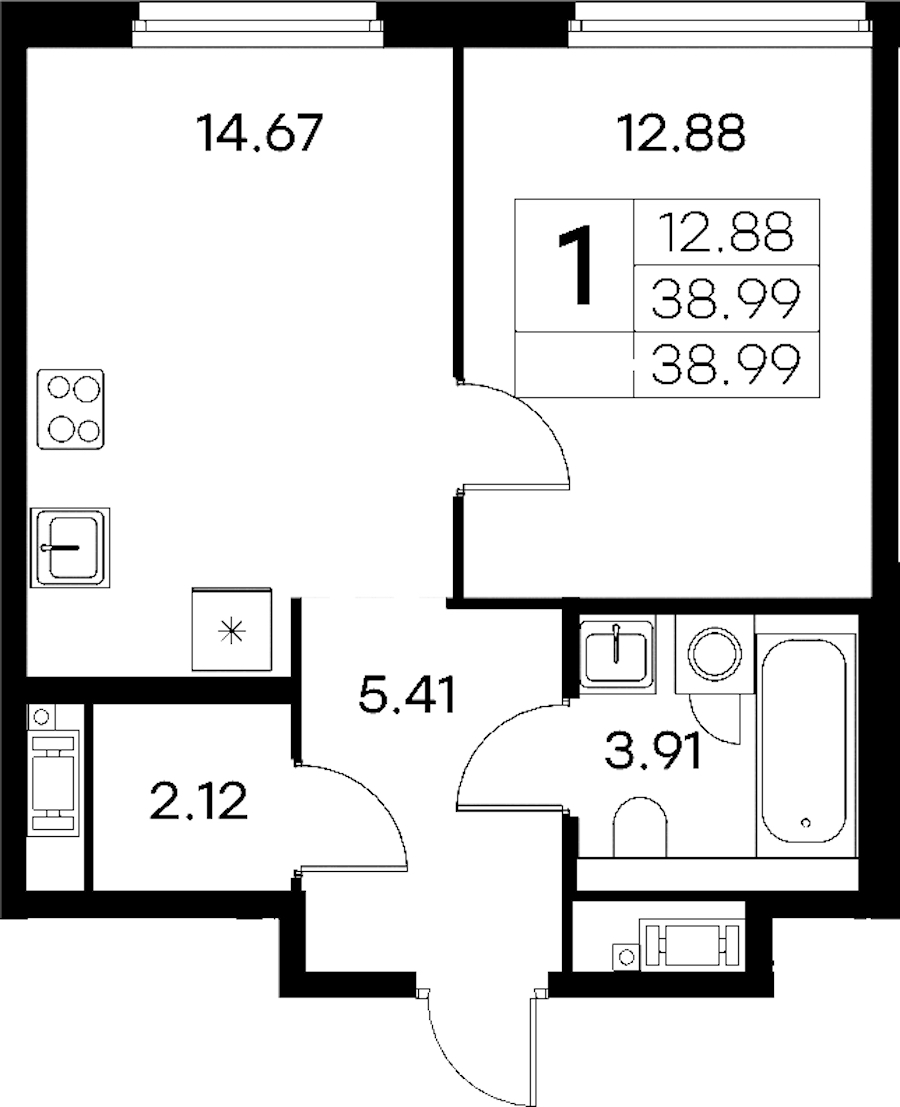 1-комнатная квартира 38.99 м², 12/18 эт., ЖК «Glorax City Василеостровский»